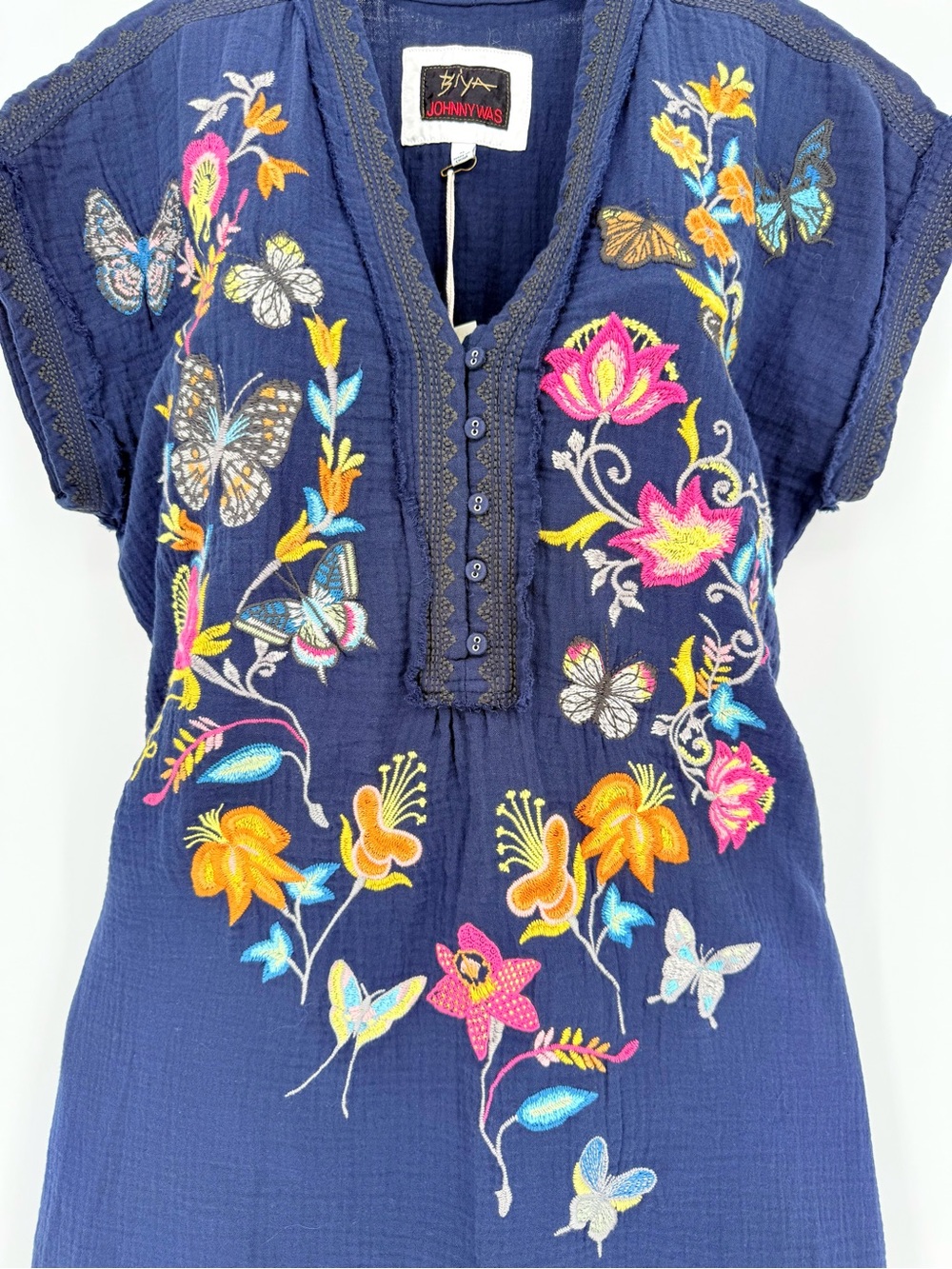 NEW Johnny Was Biya Zippy Tunic Dress Borboleta Blue Butterfly Embroidered Med M - Picture 3 of 13